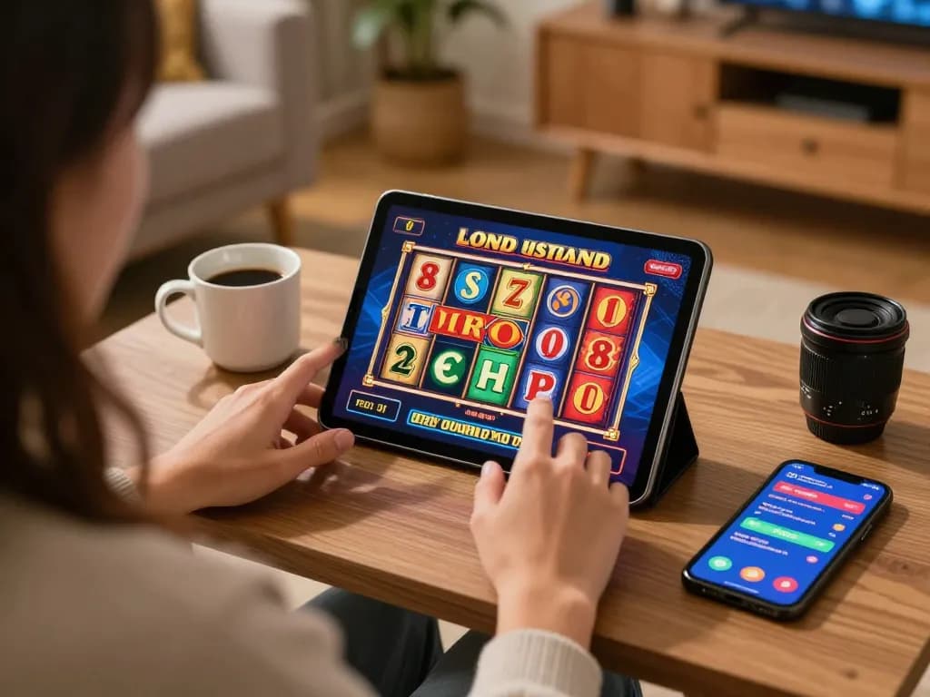 Person engaged in online RR88 gaming with tablet, cozy home atmosphere showcasing excitement