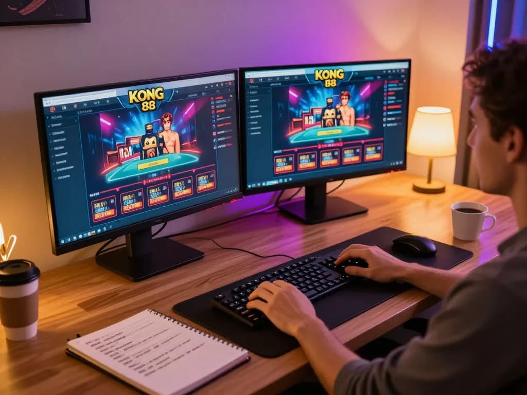 Kong 88 online gaming scene with a player poised to bet using dual monitors in a cozy environment.