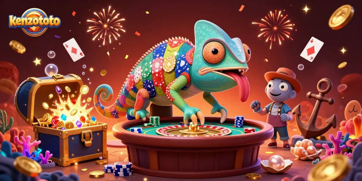 Experience kenzototo's vibrant casino scene as a colorful chameleon snaps up golden coins!
