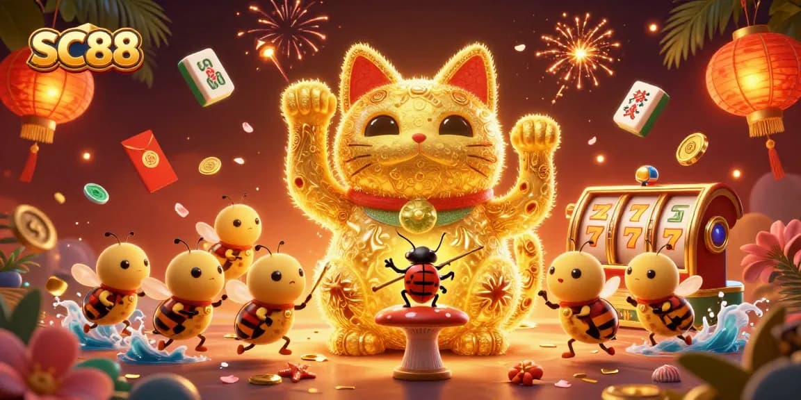 Engage with SC88 as a lucky cat symbol waves among vibrant casino elements in a festive scene.