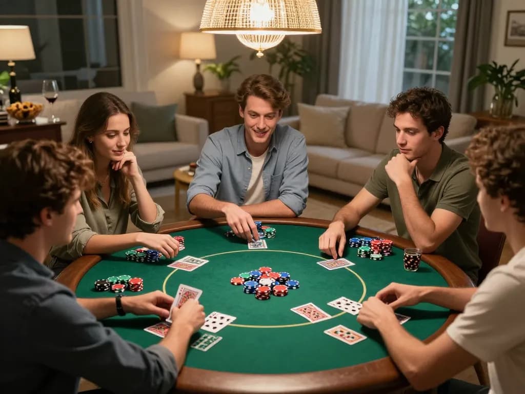 Enjoying an exciting poker night with friends at home, highlighting fun on trang chu 789win.
