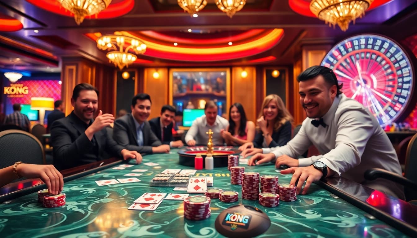 KONG 88 players engaging with vibrant casino tables and poker chips in an exciting gaming atmosphere
