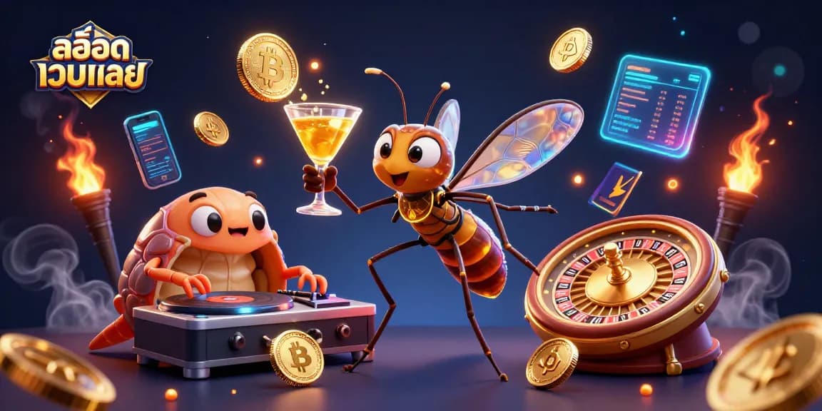 Experience สล็อตเว็บตรง gameplay with animated characters and vibrant casino elements in a thrilling digital illustration.