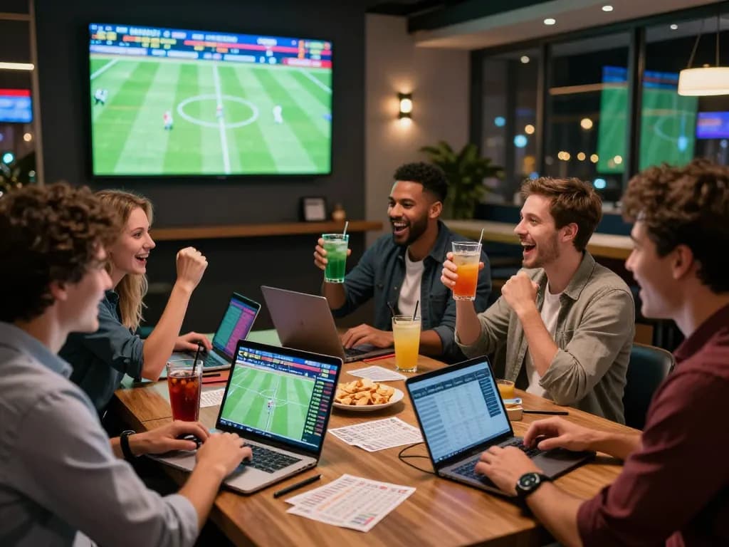 Excited friends enjoying SBOBET88 sports betting experience in a lively lounge.