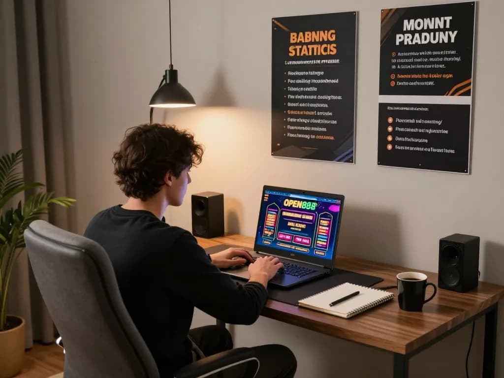 Person enjoying online gambling experience at open888 on their laptop in a cozy home office environment.