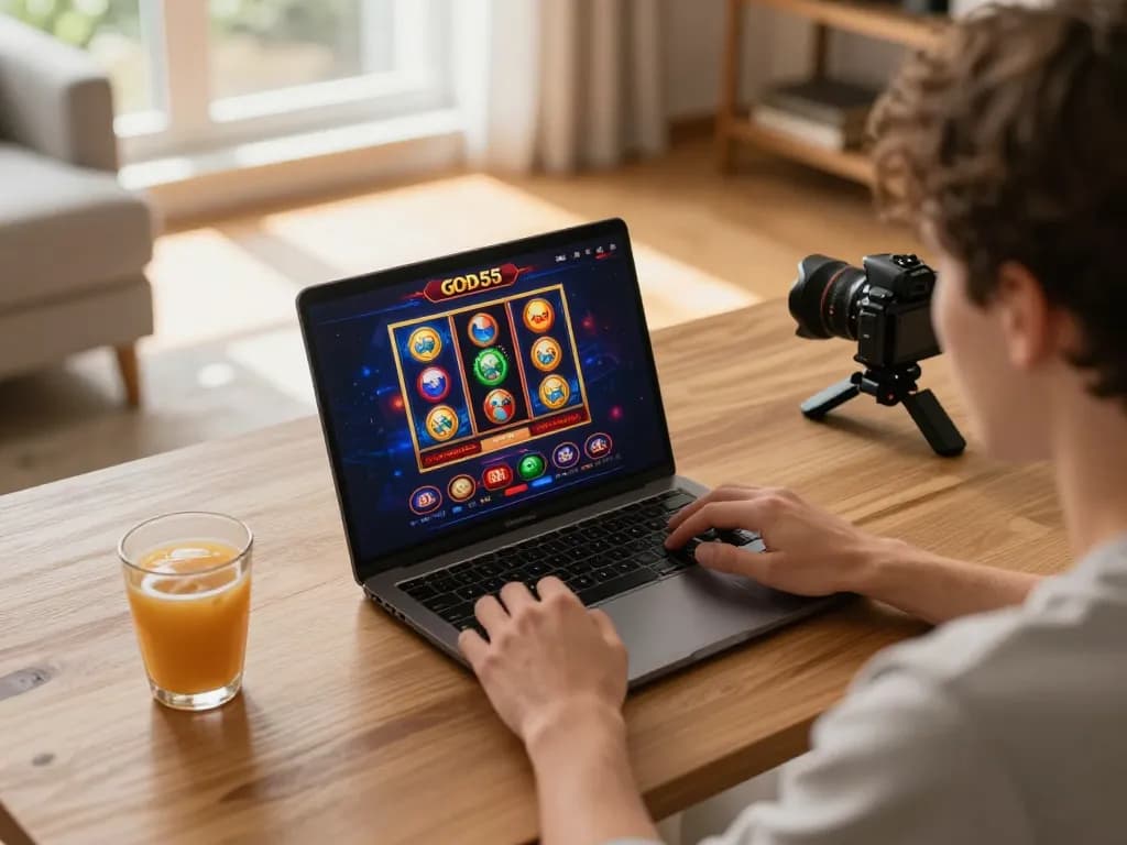 Engaging gameplay at god55 casino on a laptop, warm home environment with strategic gaming elements.