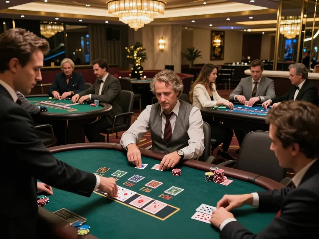 Experience pragmatic gameplay emotions at an upscale casino blackjack table with engaged players.