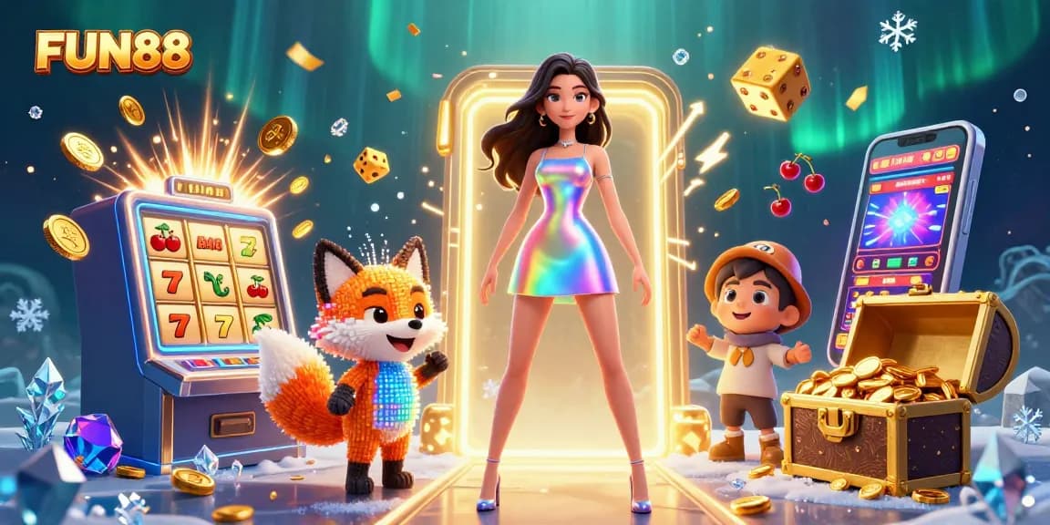 Unveil winning moments with FUN88, featuring dynamic slot machines and colorful characters.
