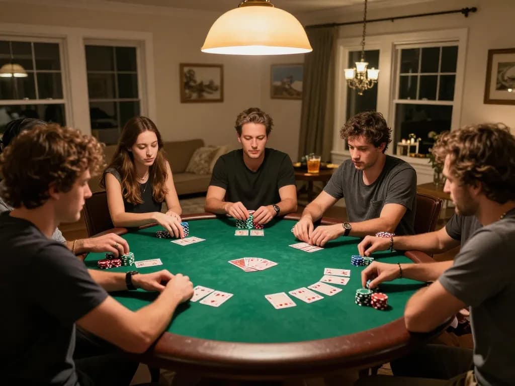 Players enjoy a friendly poker night while using 11-hd for game insights, showcasing strategic gameplay.