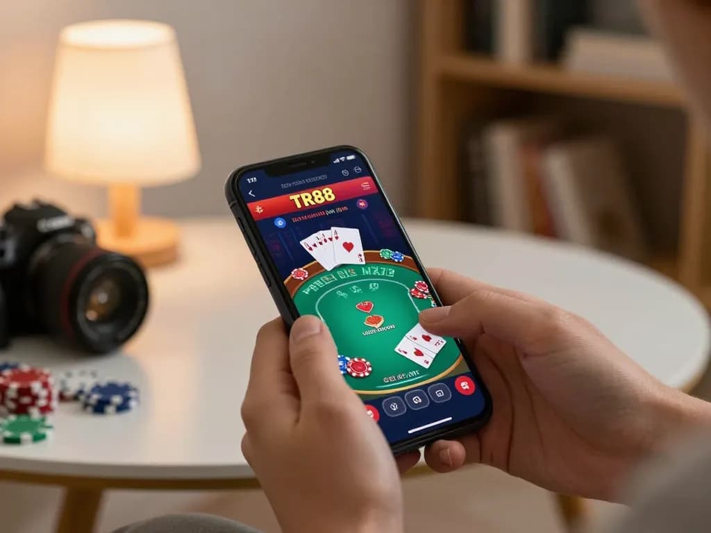 Engaging with TR88 poker game on smartphone, showcasing vibrant interface and cozy home setting