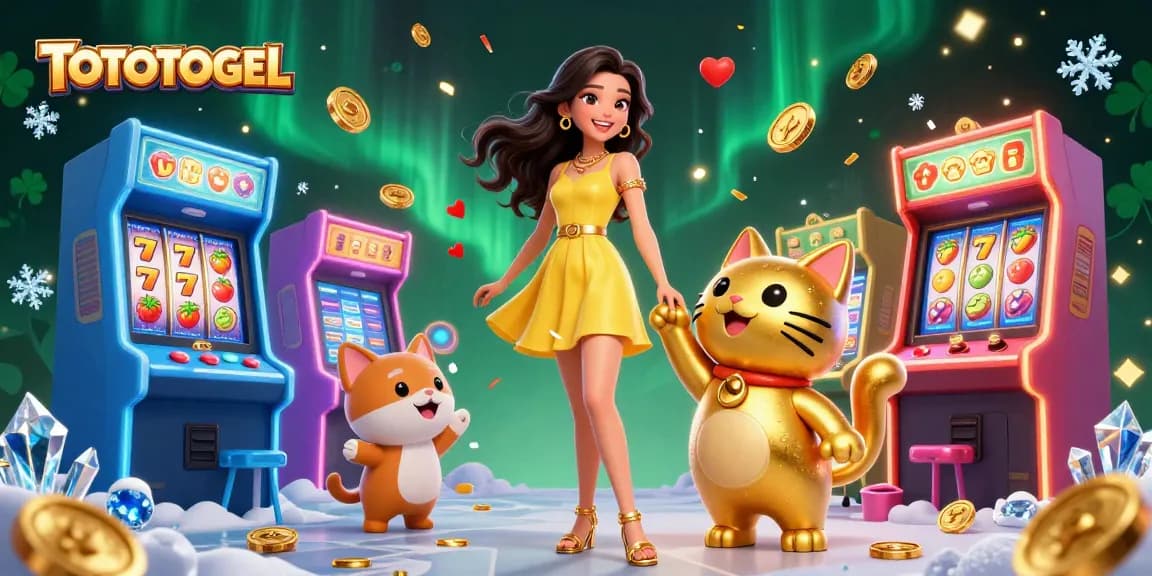 TOTOTOGEL features an exhilarating 3D scene with a lucky cat and cheerful woman in a casino setting.
