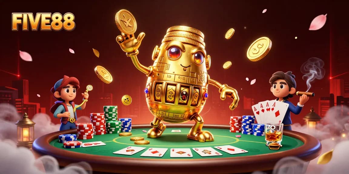 Experience the thrill of FIVE88 casino with an animated golden golem surrounded by vibrant gaming elements.