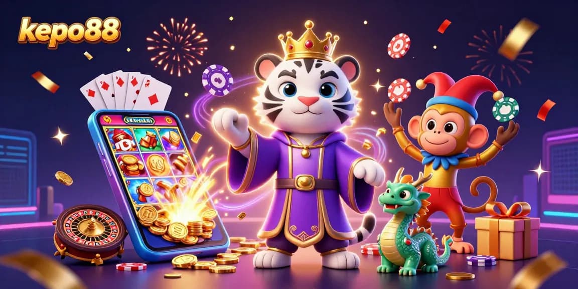 Engage with exciting games at kepo88 with colorful slot games, golden coins, and dynamic winning actions.