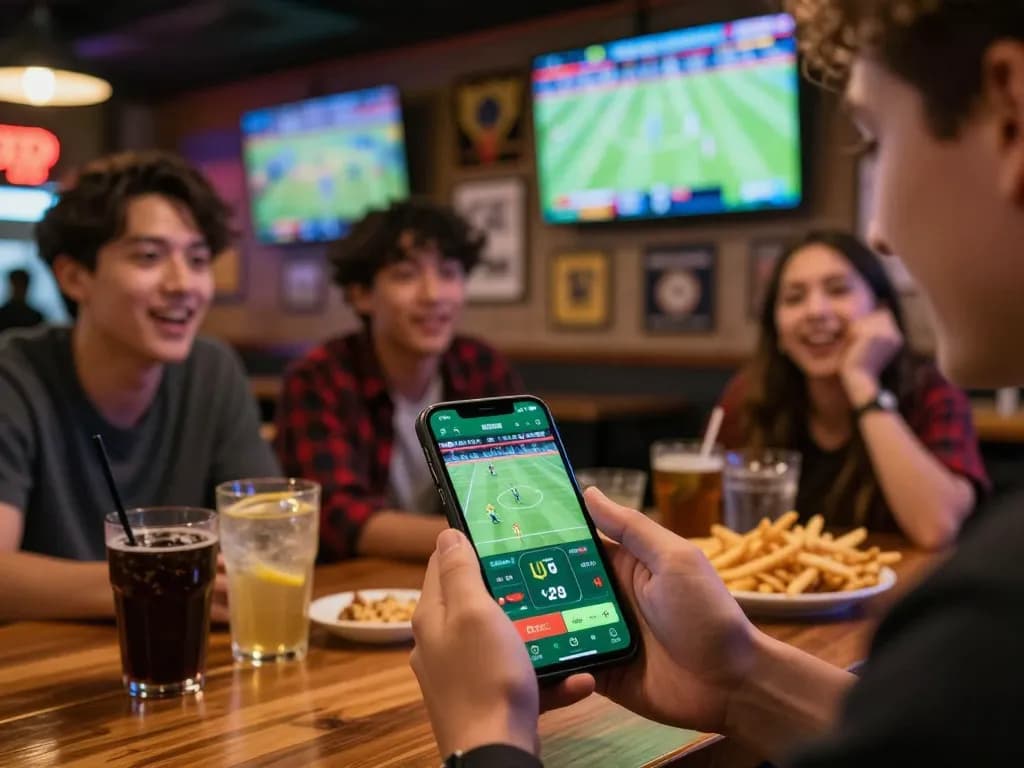 Engaging with the app kp88 for live sports betting in an exciting sports bar setting.