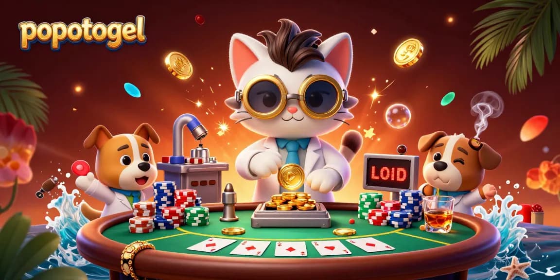Experience popotogel thrills with our vibrant 3D esports gambling scene featuring poker stacks and playful characters.