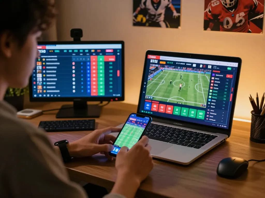 Placing bets on 98win through live sports betting platform while surrounded by sports memorabilia.