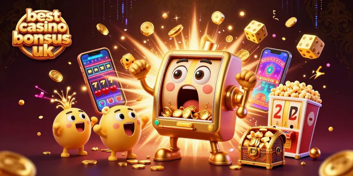 Winning big with the best casino bonuses uk as cartoon slot machines celebrate a jackpot.