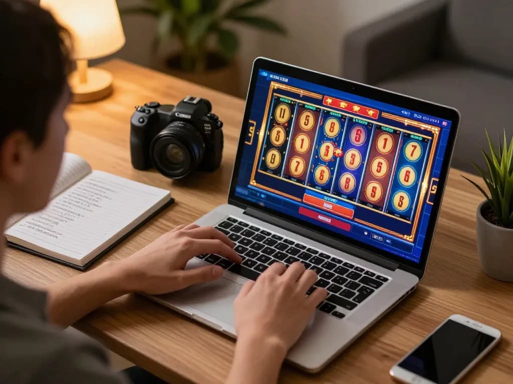 Player enjoying kdslot online gaming session on a laptop, showcasing vibrant slot reels and strategic notes.