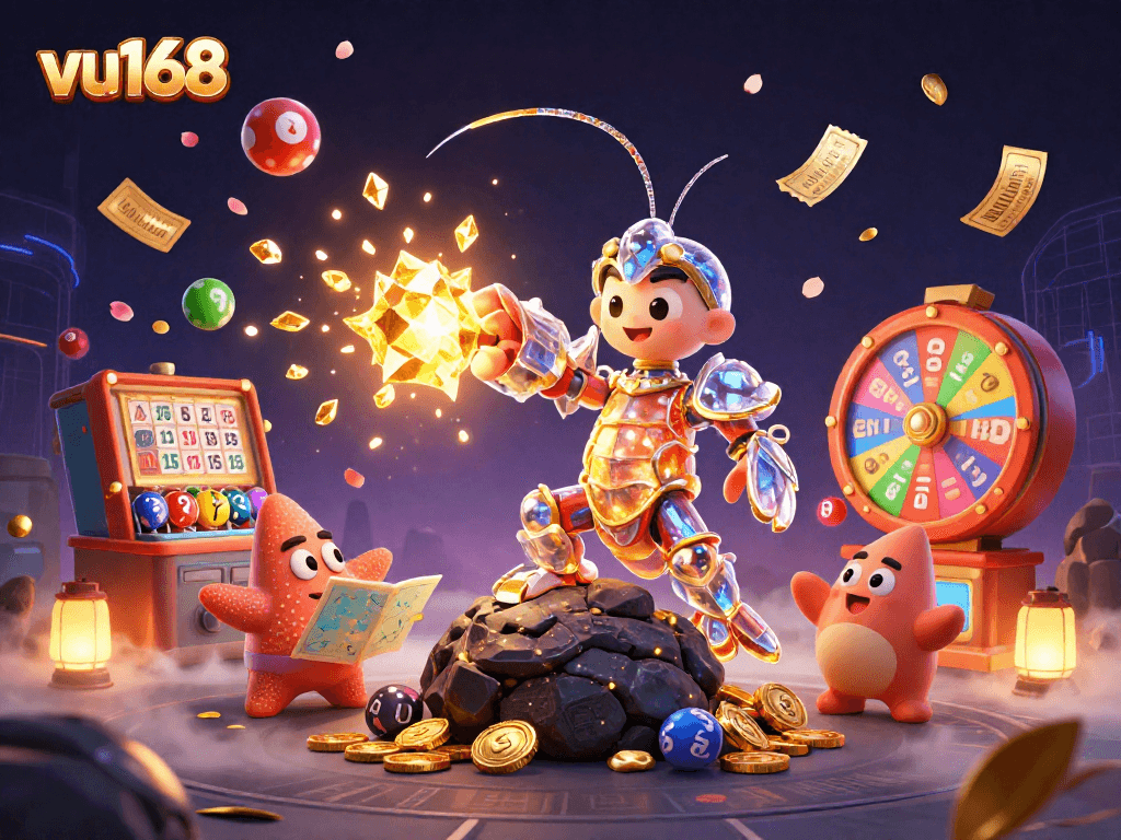 Experience thrilling gaming with vu168's galactic characters amidst a vibrant casino scene