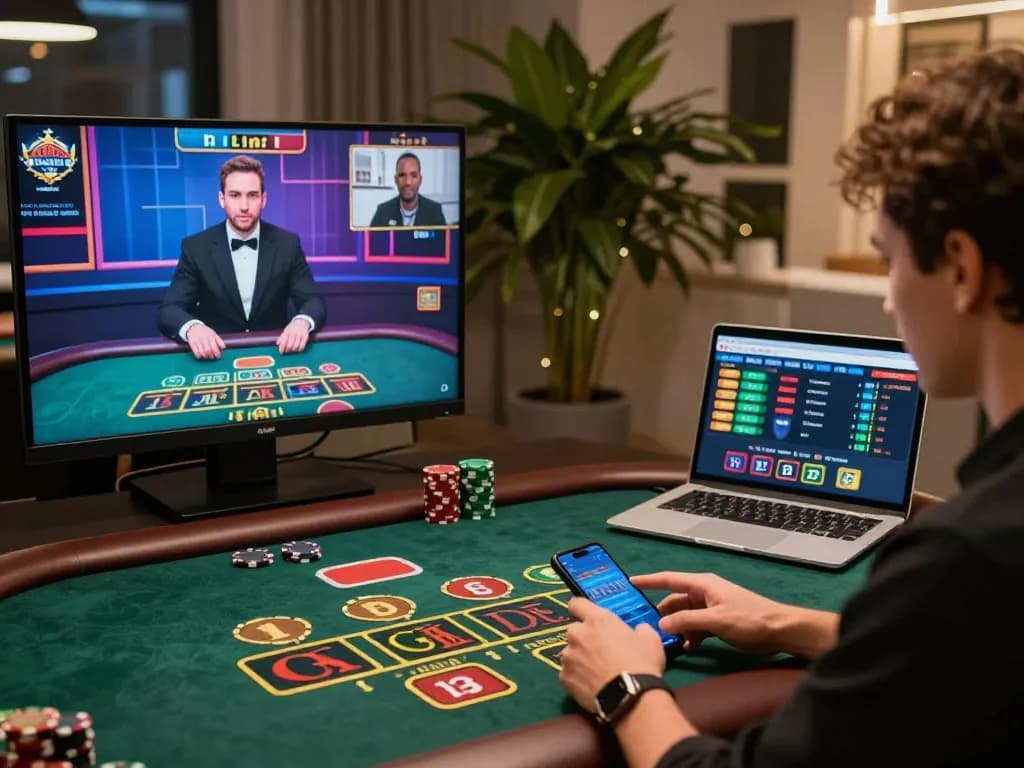 Kuwin players engaging with a live dealer online, showcasing interactive gameplay in a vibrant casino setting.