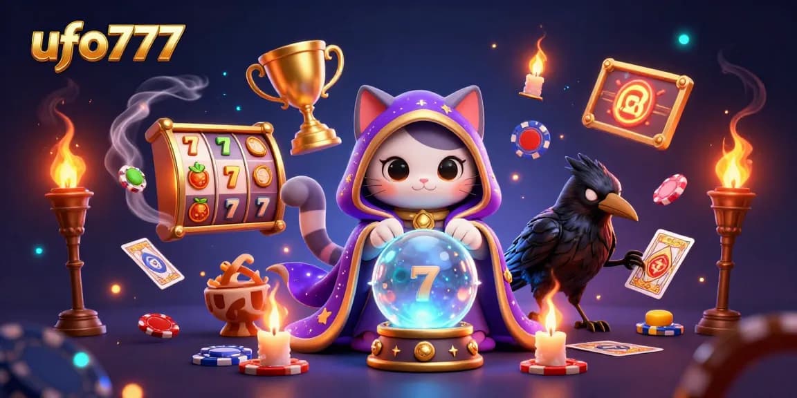 Experience thrilling gameplay at ufo777 with dynamic 3D elements featuring a mystic cat and glowing symbols.