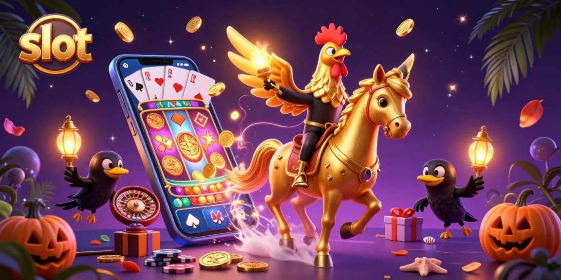 Permainan slot di kasino malam dengan peti harta karun dan karakter unik