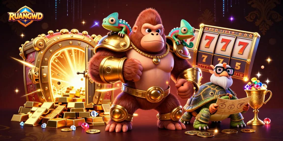 Experience exciting gaming adventures with RUANGWD amidst treasures and slot machines.