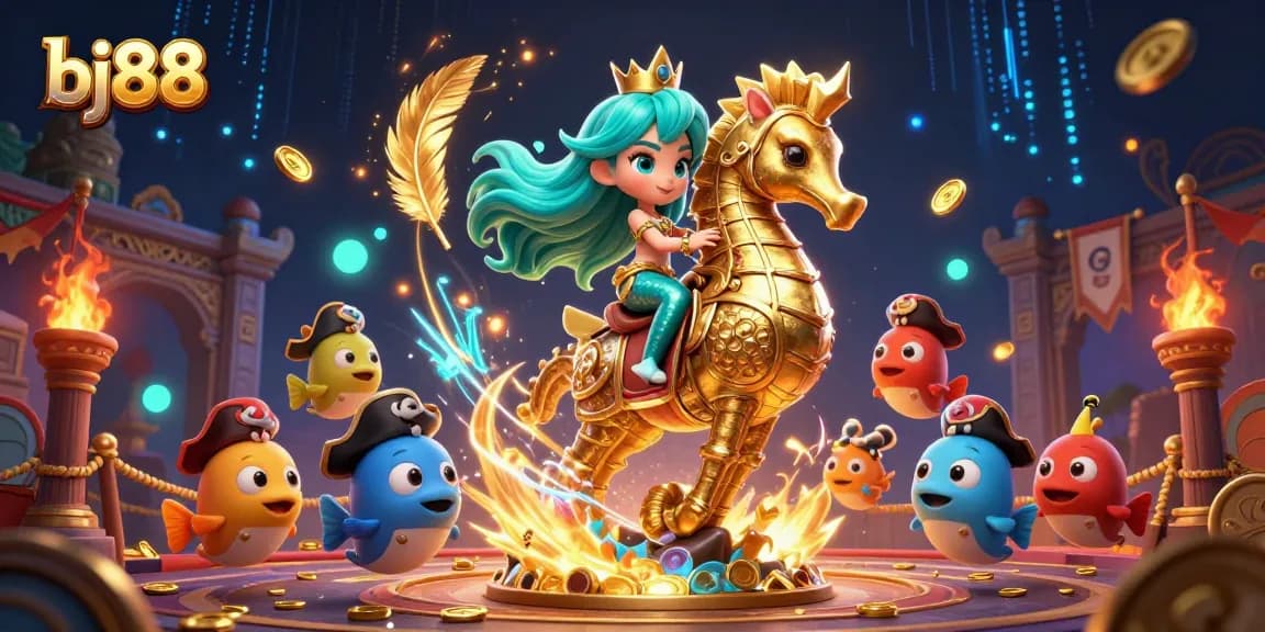 Experience the excitement of bj88 with this animated casino scene featuring a mermaid princess and seahorse amidst vibrant gaming elements.
