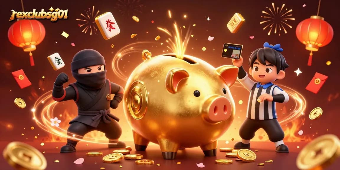 Engage with rexclubsg01's dynamic gaming scene featuring a sumo wrestler piggy bank and vibrant casino elements.