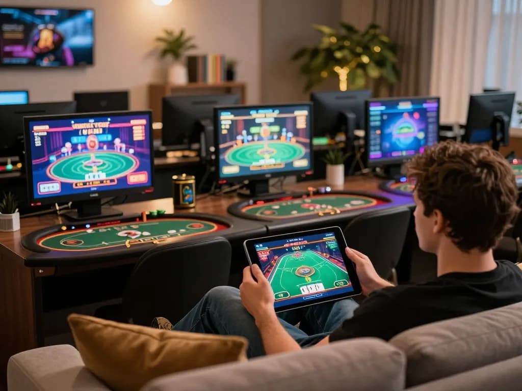 Kubet79 player engaged in online poker with tablet in a cozy home environment.
