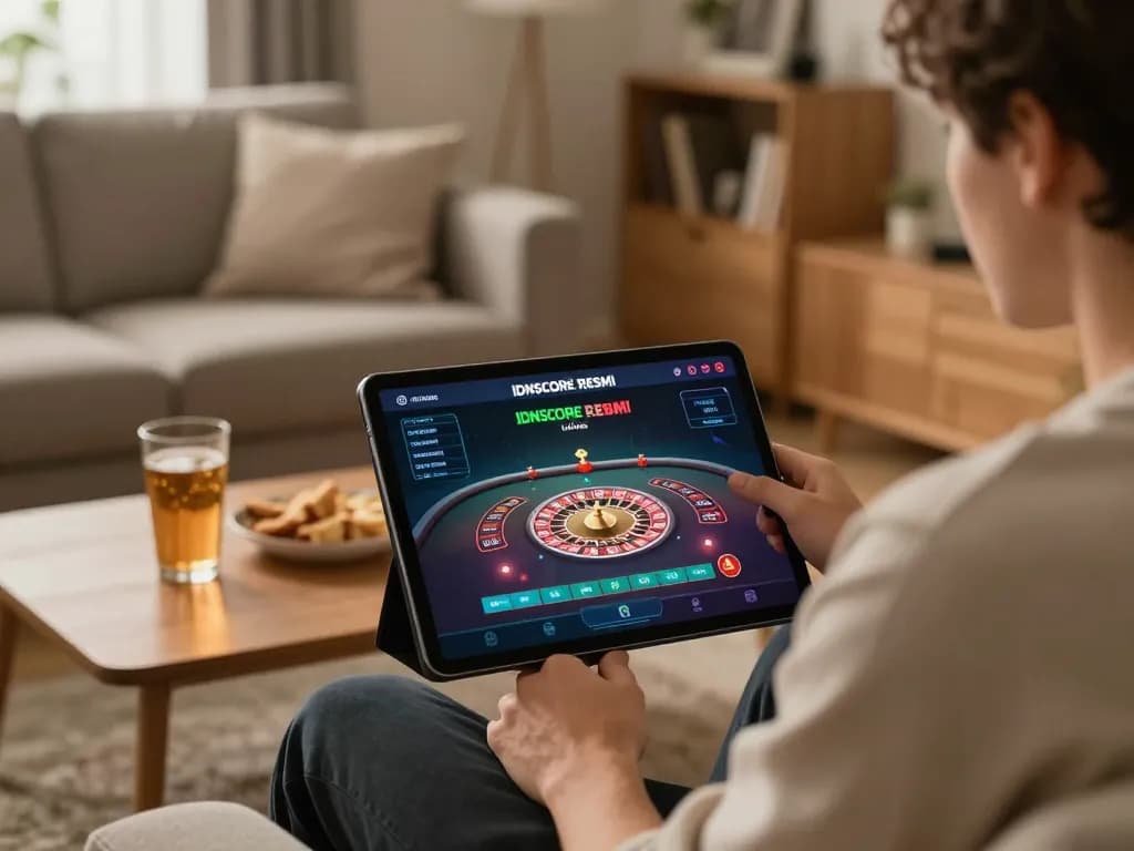 IDNSCORE RESMI highlights dynamic gameplay while enjoying a live dealer roulette game on a tablet in a cozy home setting.