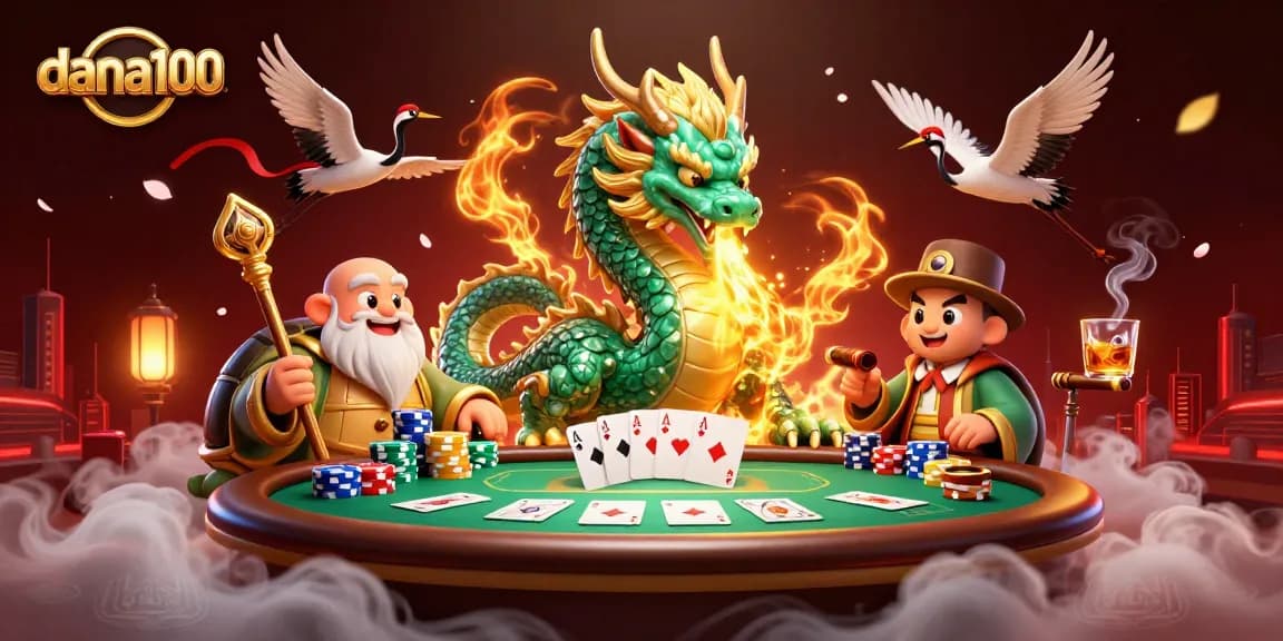 Dana100 showcases a massive jade dragon and turtle sage among vibrant casino elements.