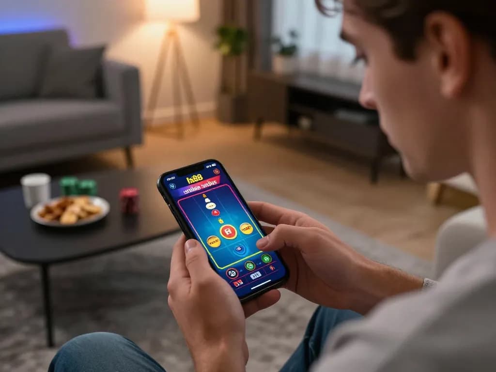 Player enjoying hi 88 mobile casino game interface with intense focus in a cozy home setting