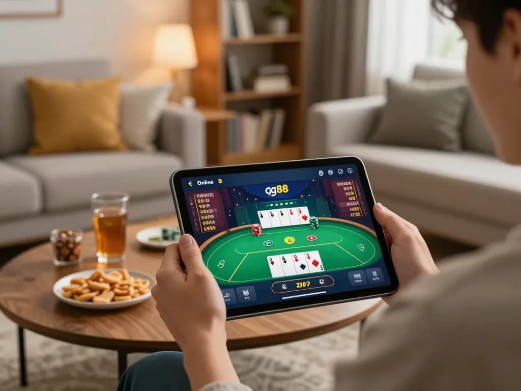 Engaged player using link gg88 app on tablet for online casino gaming in cozy living room.