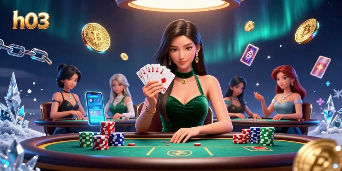 Rasakan pengalaman permainan yang mendebarkan di H03 dengan seorang wanita Asia yang menawan di meja poker mewah.
