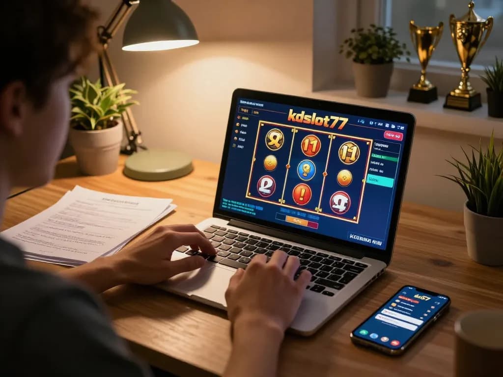 Engaging online gameplay session on kdslot77 with notes and apps in a cozy home office.
