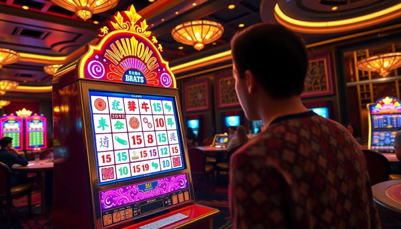 Spin the vibrant slot machine themed around slot mahjong in an exciting casino setting.
