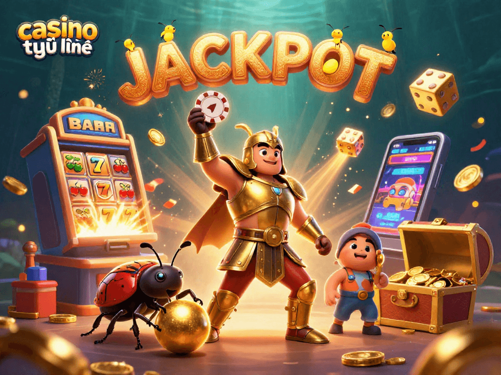 Casino trực tuyến với con bọ hercules trong sắc vàng, chiến thắng và thưởng lớn từ máy slot