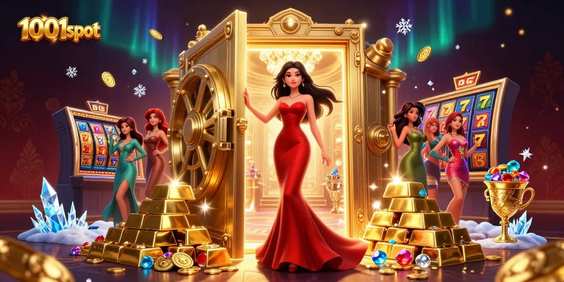 Experience thrilling wins at 1001slot with a beautiful casino-themed illustration featuring dynamic gaming elements.