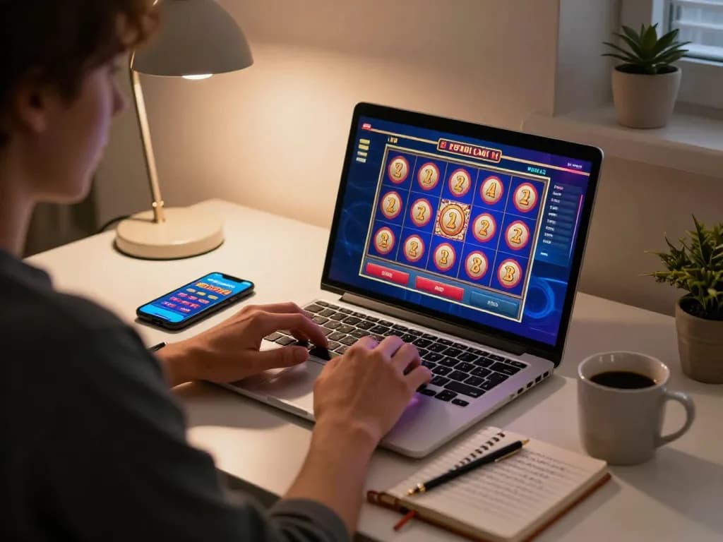 Enjoying an Online Casino game on a laptop as a player engages with vibrant slot interfaces at home.