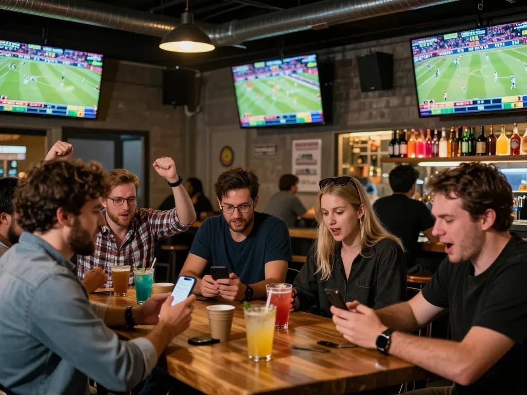 Betting strategy and excitement at a sports betting venue displaying tỷ lệ nhà cái on screens