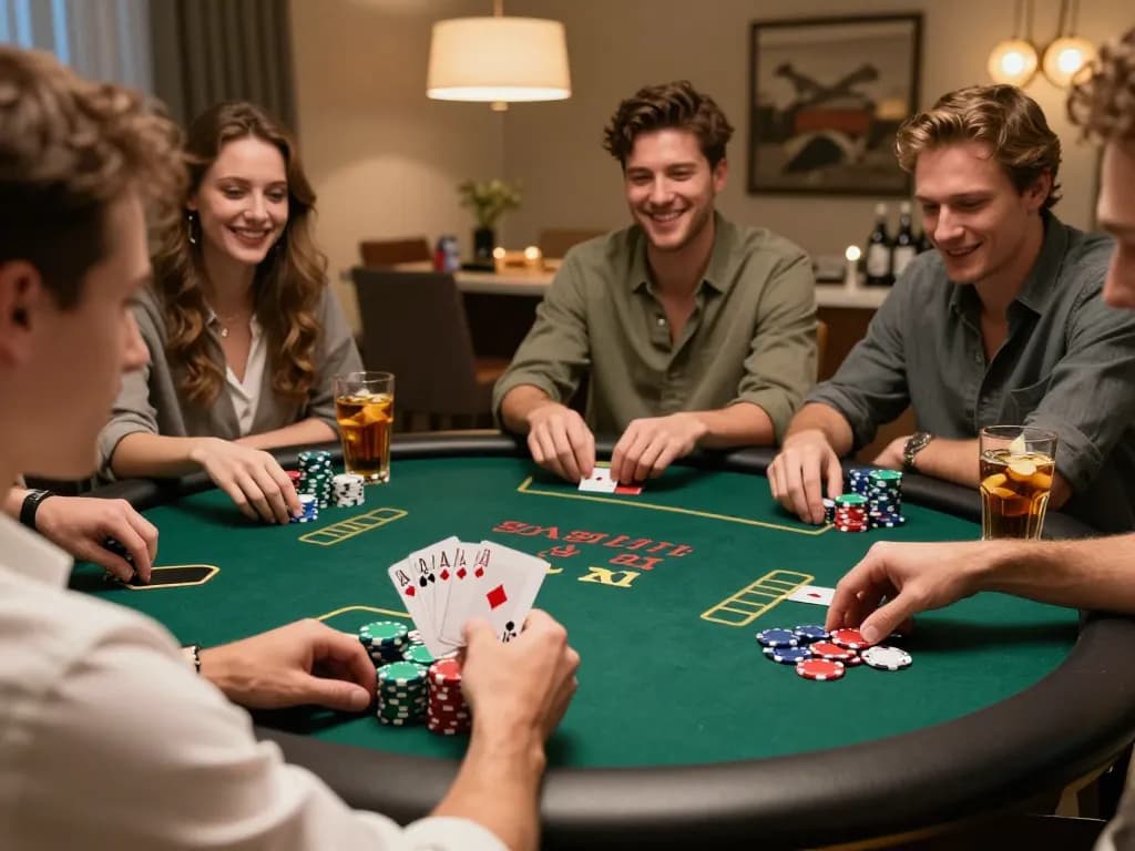 Enjoying strategic Texas Hold'em gameplay with SC88 poker games, friends engaged in exciting home night.