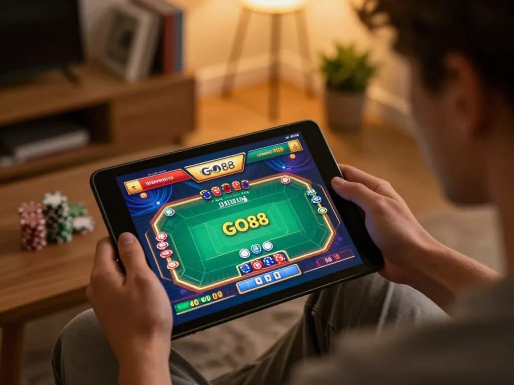 Engaging scene of an individual playing poker on GO88 within a cozy home setting, showcasing strategic gaming.