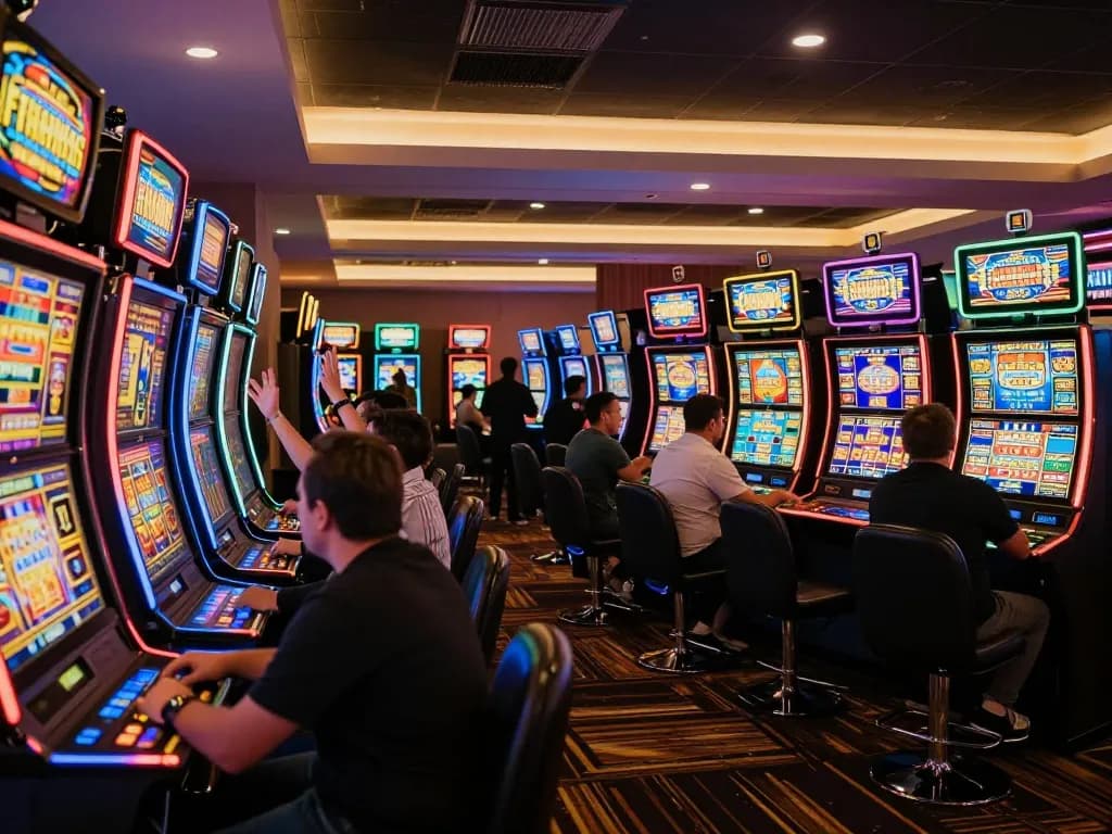 Players celebrating wins at vibrant situs slot machines in a modern casino atmosphere