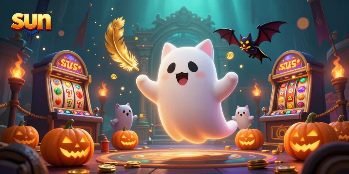 The sun illuminates a haunted casino scene where a friendly ghost cat interacts with a vampire bat amid slot games.