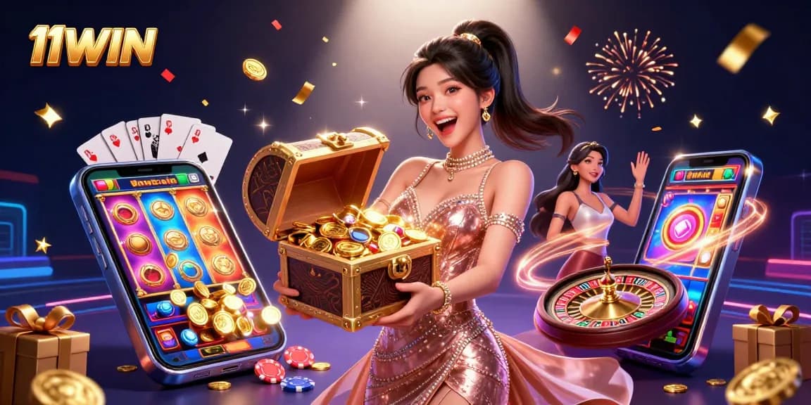 Experience the excitement of gambling at 11WIN, showcasing treasures and vibrant casino elements.