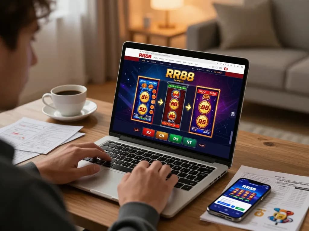Player engaging with RR88 online casino on laptop, showcasing strategic gaming at home.