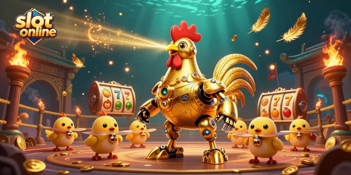 Putaran slot online yang mengesankan dengan karakter robot ayam emas dan drone, meriah dengan koin emas dan efek dramatis.