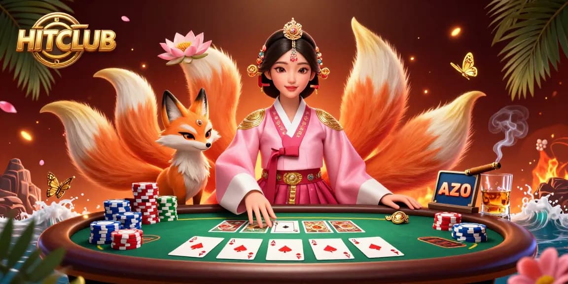 Experience HITCLUB’s vibrant gaming atmosphere with poker chips, cards, and captivating characters.