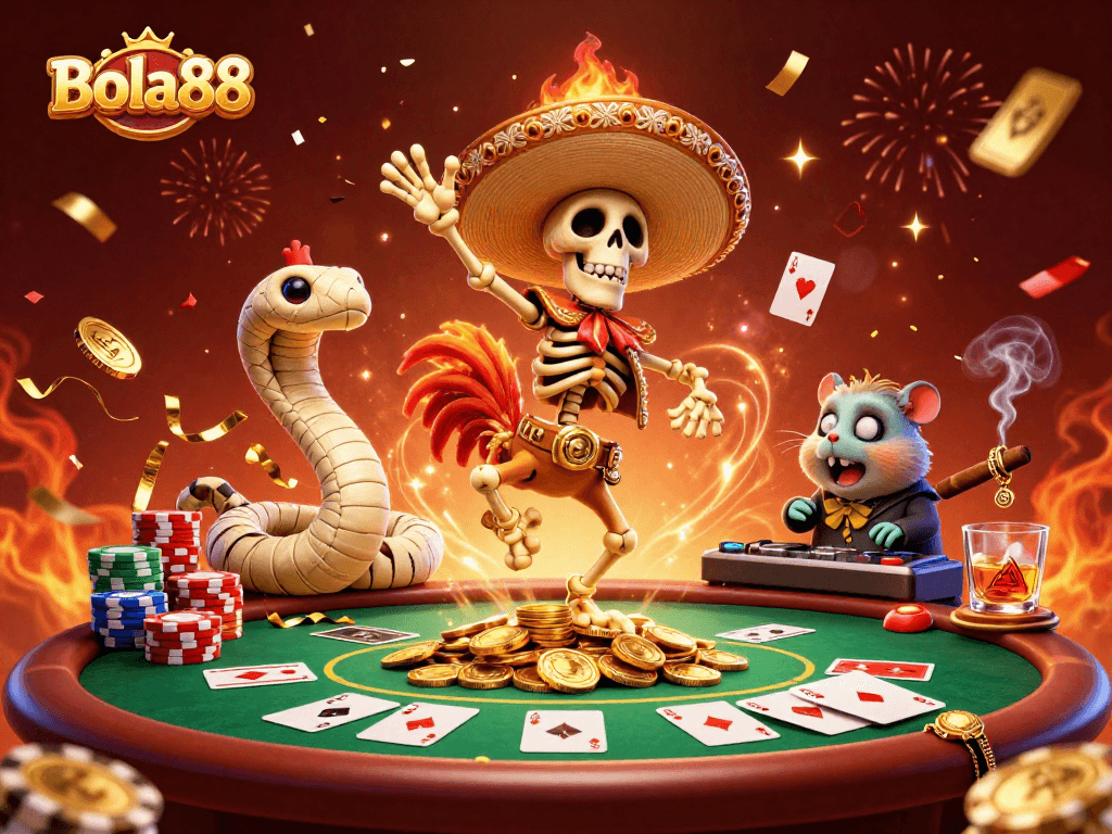 Bola88 memperlihatkan skeleton mariachi dengan ayam, ular mummy, dan hamster DJ dalam suasana pesta perjudian.